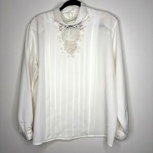 Vintage Sellecca Ivory Blouse Size 18 Pearl Button Lace High Neck‎ 80s Romantic